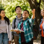 group of college student looking up on trees