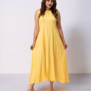 Yellow Plain Solid Rayon Long Maxi Dress