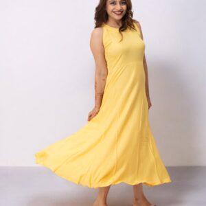 Yellow Plain Solid Rayon Long Maxi Dress