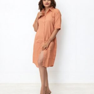 Orange Plain Solid Polyester Midi Shirt Dress