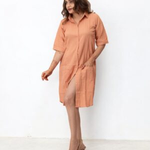 Orange Plain Solid Polyester Midi Shirt Dress