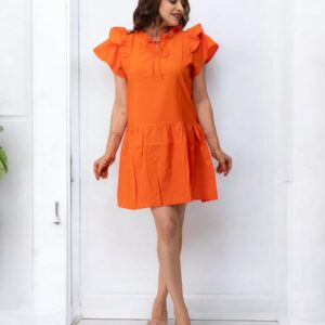Orange Plain Solid Polyester Mini Dress