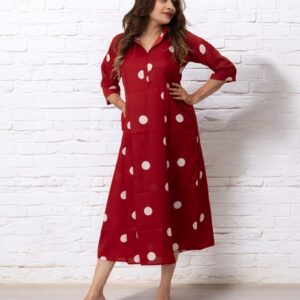 Red Polka Dots Printed Polyester Midi Dress