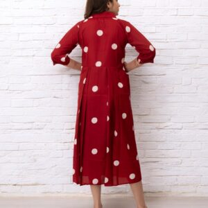 Red Polka Dots Printed Polyester Midi Dress