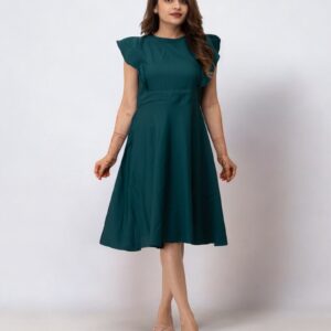 Green Plain Solid Polyester Midi Dress