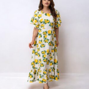 Yellow Floral Printed Polyster Maxi Dress
