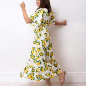 Yellow Floral Printed Polyster Maxi Dress