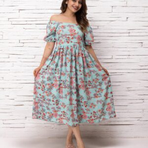 Sky Blue Floral Printed Polyster Maxi Dress