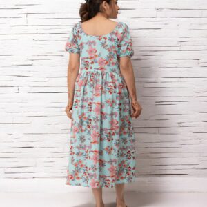 Sky Blue Floral Printed Polyster Maxi Dress
