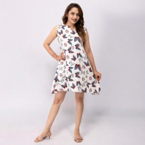 Multicolor Butterfly Printed Polyester Midi Dress