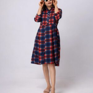 Red Checks Printed Polyester Midi Dress
